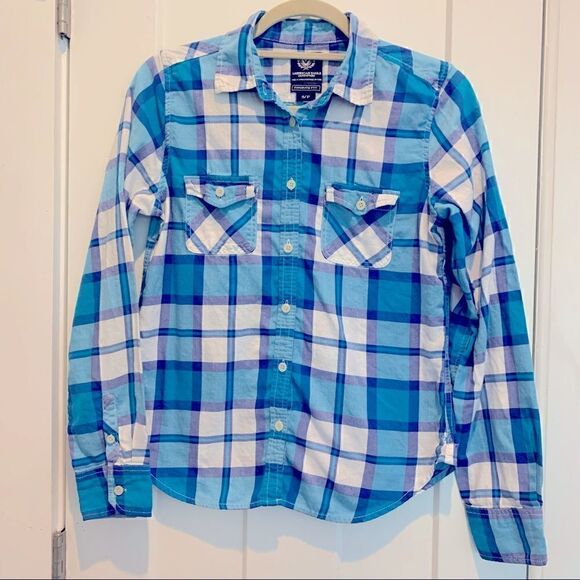 American Eagle Outfitters Blue/White Long Sleeve Button-Down Shirt Size Small S - Picture 2 of 7